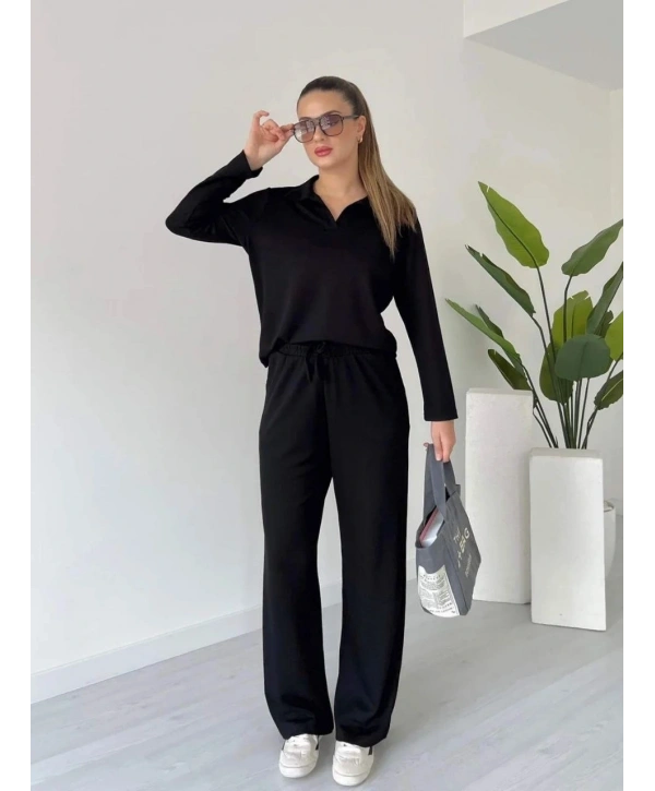 Polo yaka alt üst kollu modal takım siyah pt