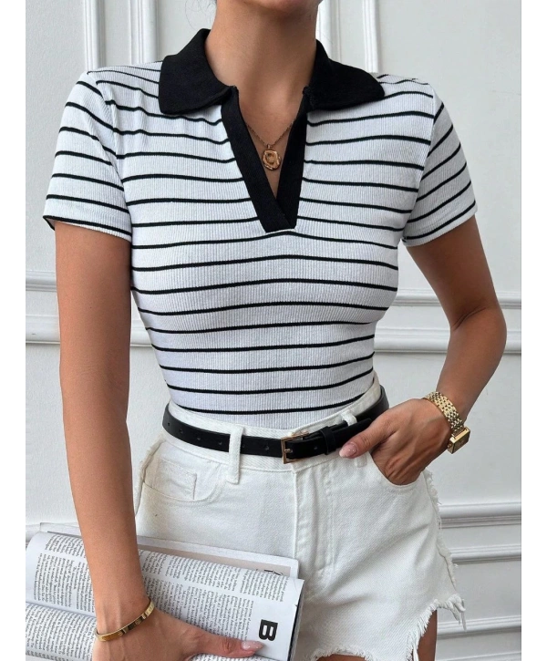 Polo yaka garnili bluz Beyazsiyah