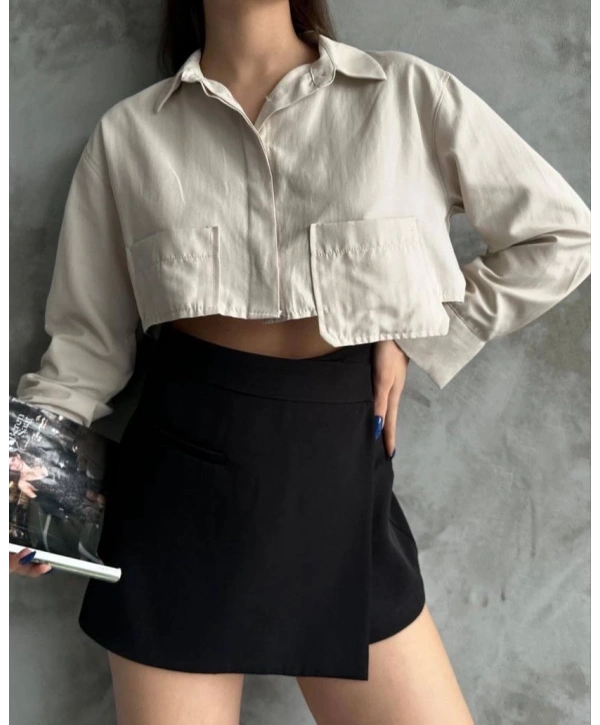Poplin crop gömlek bej s3060
