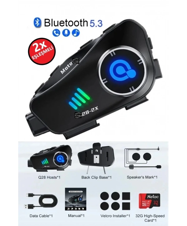 Q28 2x 2 Eşleşmeli Motosiklet Kask Bluetooth Kulaklık 1080p Kamera Su Geçirmez Intercom