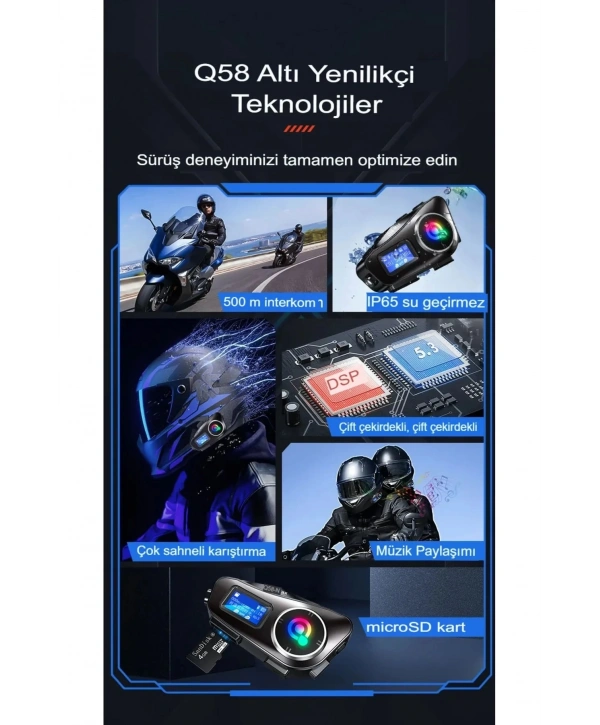 Q58-max Radyolu 2 Kişi Bağlantılı Bluetooth Kask Kulaklık Ekranlı Fenerli Müzik Ve Telsiz Intercom