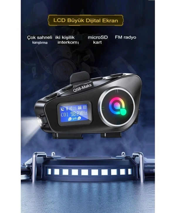 Q58-max Radyolu 2 Kişi Bağlantılı Bluetooth Kask Kulaklık Ekranlı Fenerli Müzik Ve Telsiz Intercom
