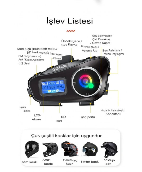 Q58-max Radyolu 2 Kişi Bağlantılı Bluetooth Kask Kulaklık Ekranlı Fenerli Müzik Ve Telsiz Intercom