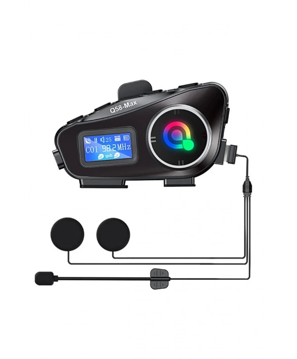 Q58-max Radyolu 2 Kişi Bağlantılı Bluetooth Kask Kulaklık Ekranlı Fenerli Müzik Ve Telsiz Intercom