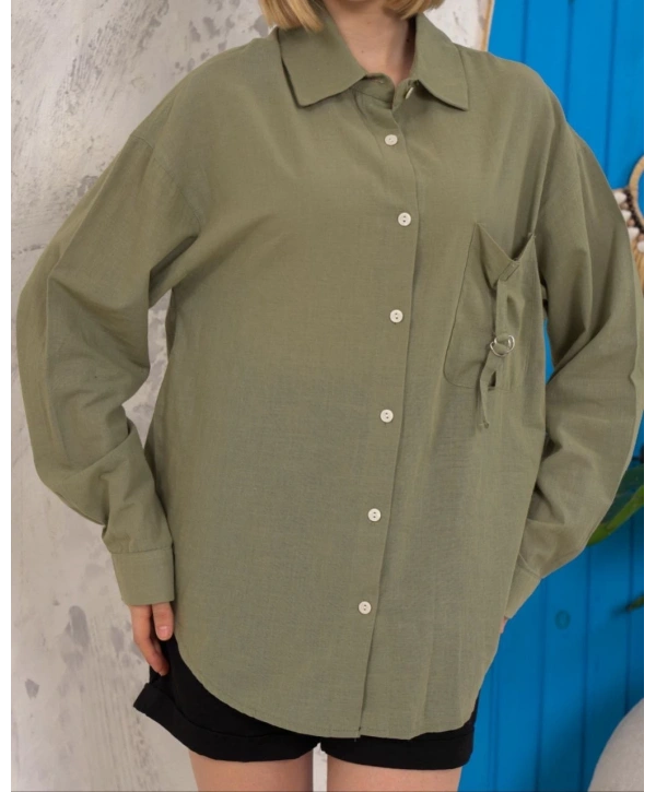 Relax fit keten gömlek haki s255349