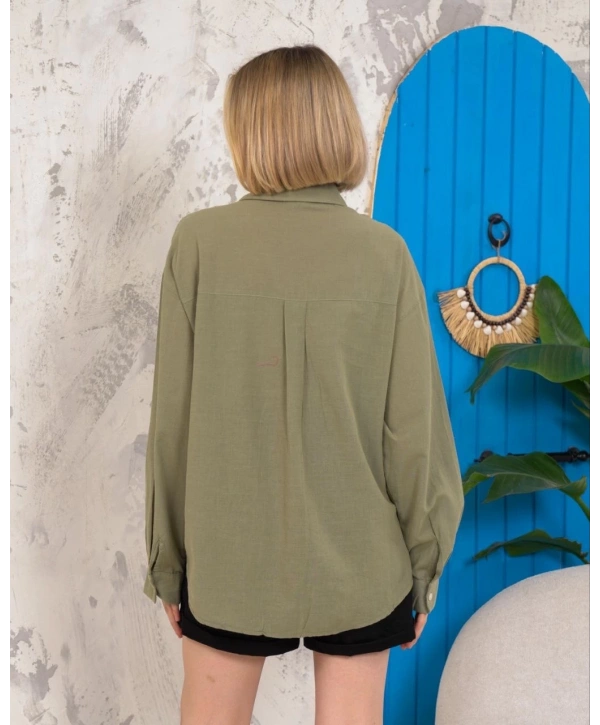 Relax fit keten gömlek haki s255349
