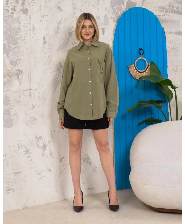 Relax fit keten gömlek haki s255349