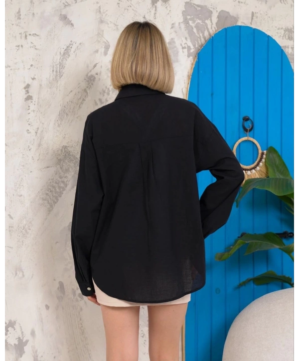 Relax fit keten gömlek siyah s255349