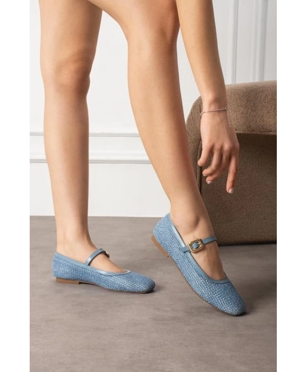 Rives Mavi Cilt Hasır Dokumalı Babet Ayakkabı