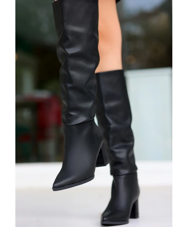 Roksa Siyah Cilt Topuklu Çizme