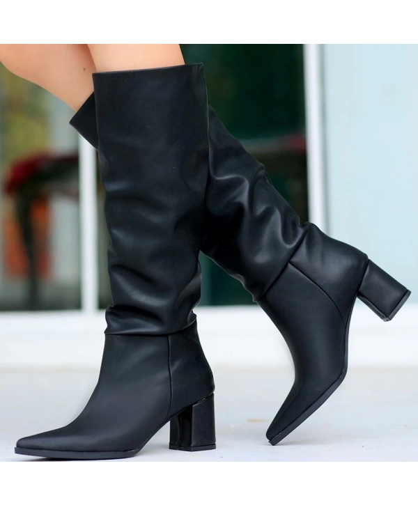 Roksa Siyah Cilt Topuklu Çizme