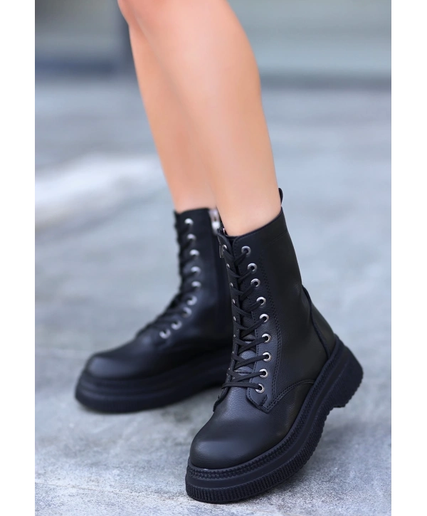 Roxan Siyah Cilt Bağcıklı Bot