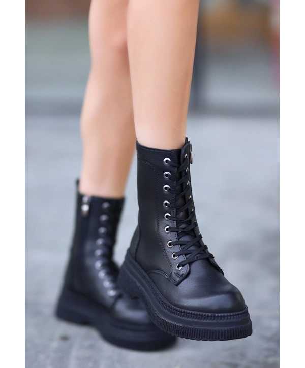 Roxan Siyah Cilt Bağcıklı Bot