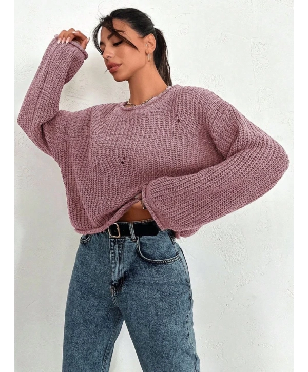 Salaş delik detaylı kazak pembe