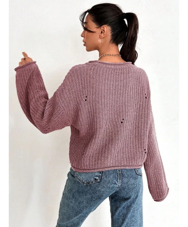 Salaş delik detaylı kazak pembe