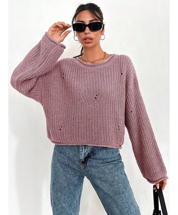 Salaş delik detaylı kazak pembe