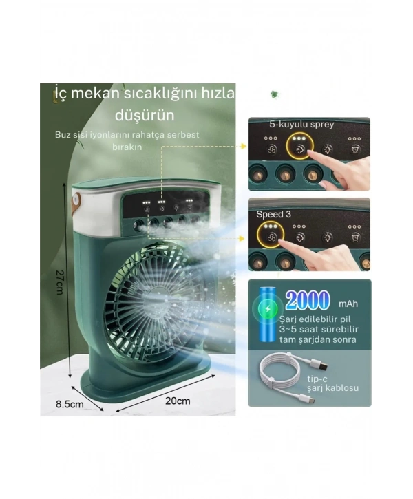 Şarjlı 600 Ml Su Hazneli Taşınabilir Masaüstü Vanilatör  Güçlü Fan Ve 2000 Mah Pil Beyaz