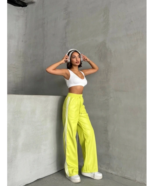 Şeritli deri pantolon yeşil h26430