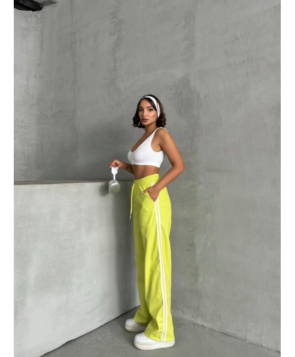 Şeritli deri pantolon yeşil h26430