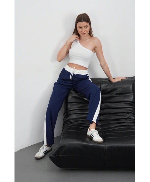 Şeritli garnili pantolon lacivert