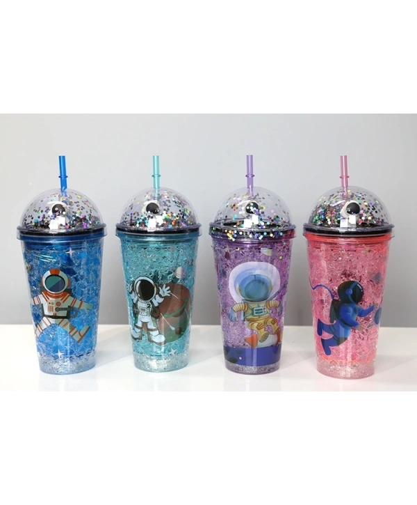 Sevimli Astronot Işıklı Pipetli Pullu Suluk & Bardak 400 Ml Alk3148