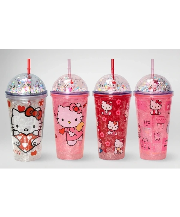 Sevimli Hello Kitty Işıklı Pipetli Boncuklu Suluk & Bardak 400 Ml Alk3145