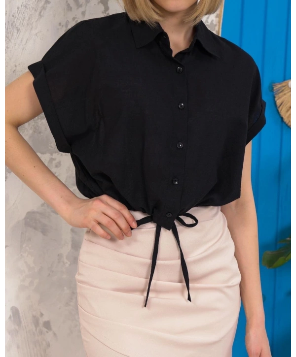 Sıfır kollu bağlamalı crop gömlek siyah s255359