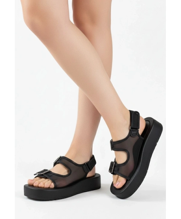 Sinna Siyah Cilt Tül Detaylı Sandalet