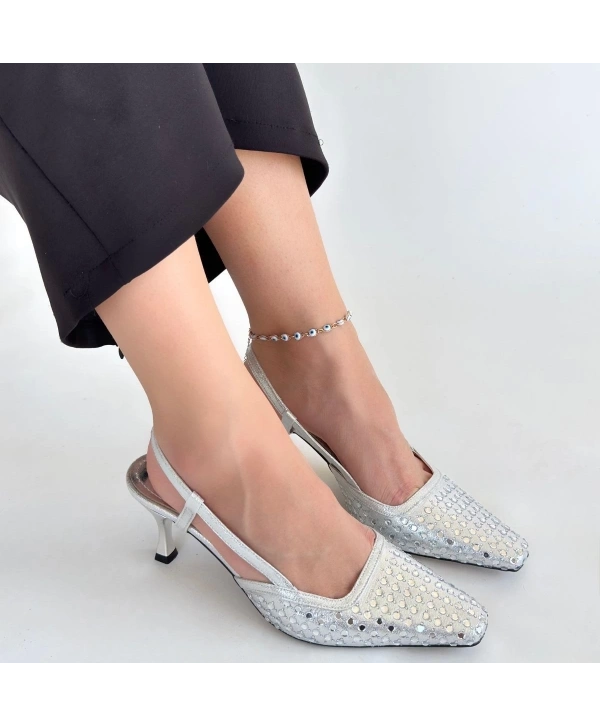 Sione Gümüş Cilt Topuklu Ayakkabı