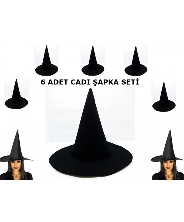 Siyah Cadı Şapkası Keçe Yetişkin Boy 6 Adet