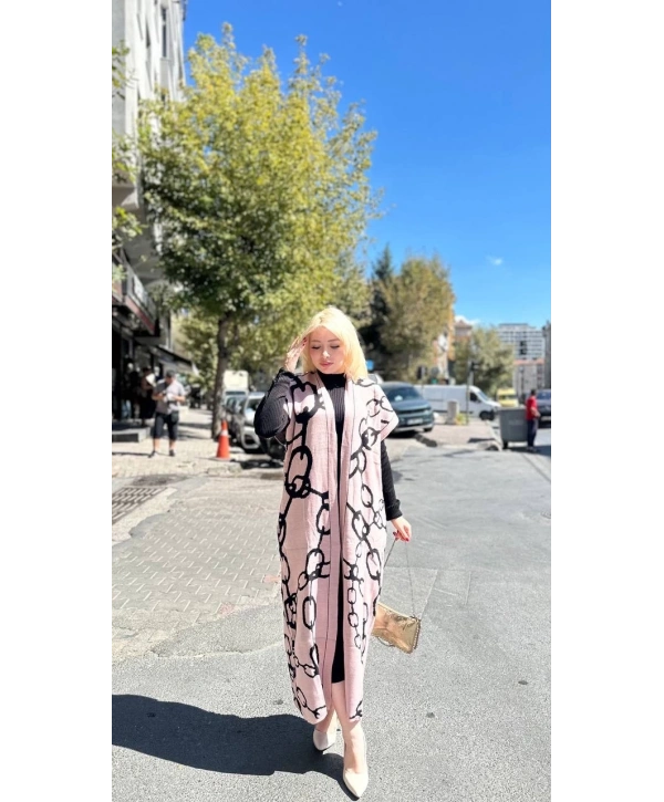 Siyah çizgi desenli elbiseli hırka takım pudra siyah