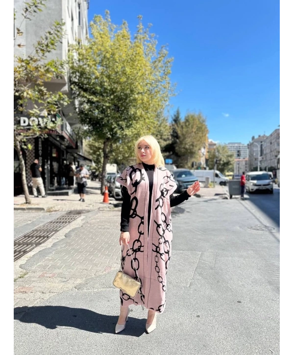 Siyah çizgi desenli elbiseli hırka takım pudra siyah