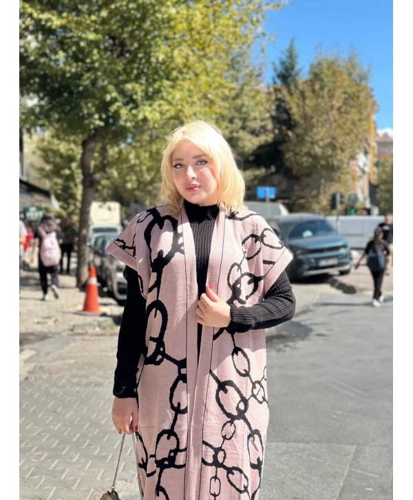 Siyah çizgi desenli elbiseli hırka takım pudra siyah