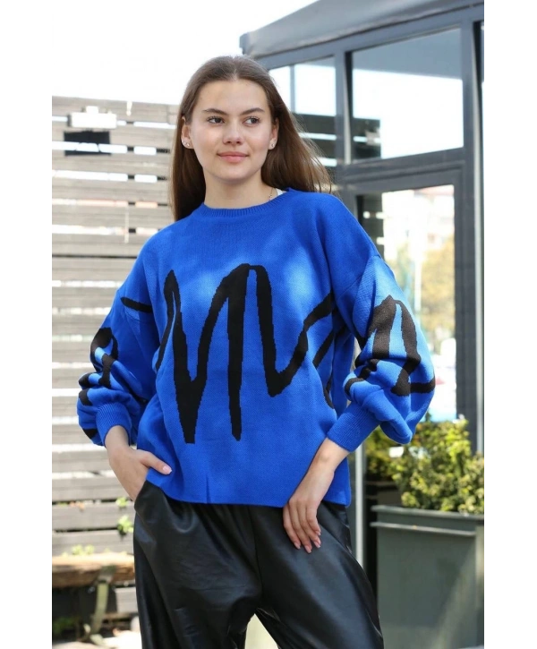 Siyah çizgili bisiklet yaka kazak Saks