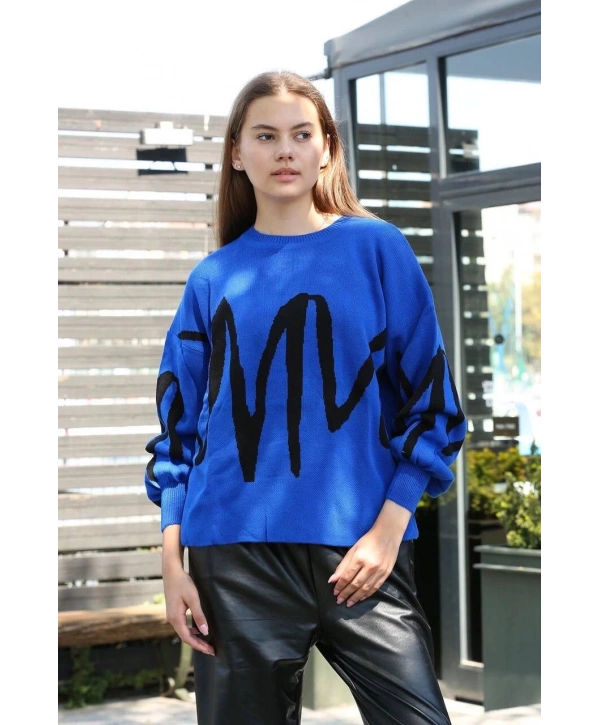 Siyah çizgili bisiklet yaka kazak Saks