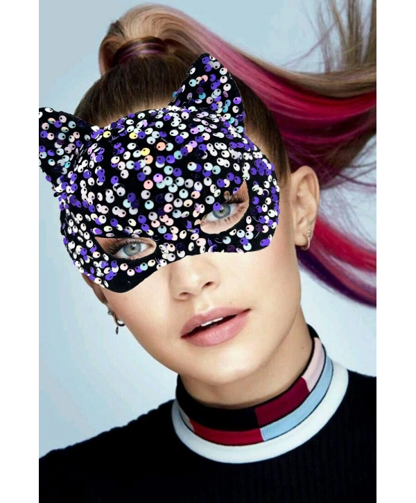 Siyah Kadife Kumaş Üzerine Mor Beyaz Payetli Pullu Parti Maskesi 16x14 Cm