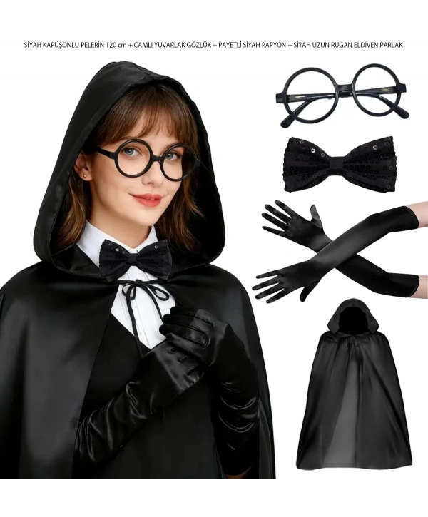 Siyah Kapüşonlu Büyücü Ve Cadı Pelerin Kostüm Seti (4 Parça)