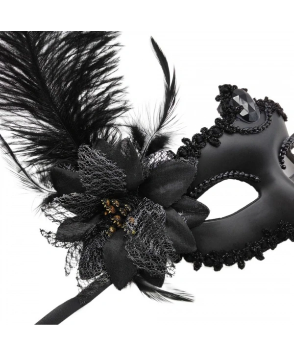 Siyah Mat Renk Yandan Tüylü Güllü Parti Balo Venedik Maskesi 16x22
