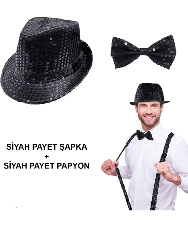 Siyah Payetli Şapka Ve Papyon Seti – Parıltılı Yetişkin Kostüm Seti
