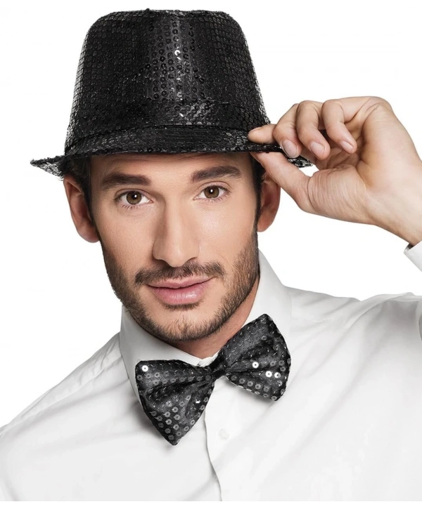 Siyah Payetli Şapka Ve Papyon Seti – Parıltılı Yetişkin Kostüm Seti