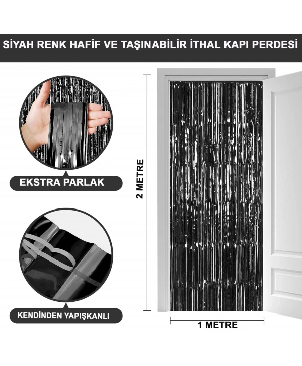 Siyah Renk Ekstra Metalize Parlak Saçaklı Arka Fon Perde İthal A Kalite 1x2 Metre