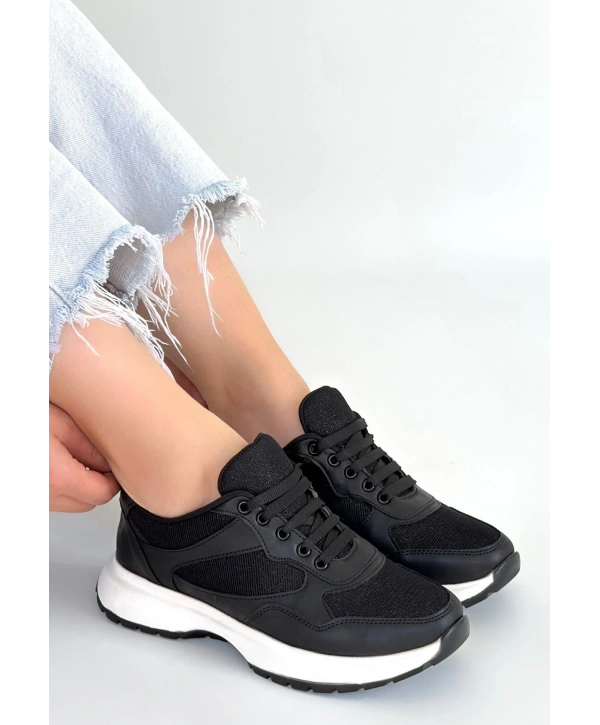 Slar Siyah Cilt Simli Bağcıklı Spor Ayakkabı