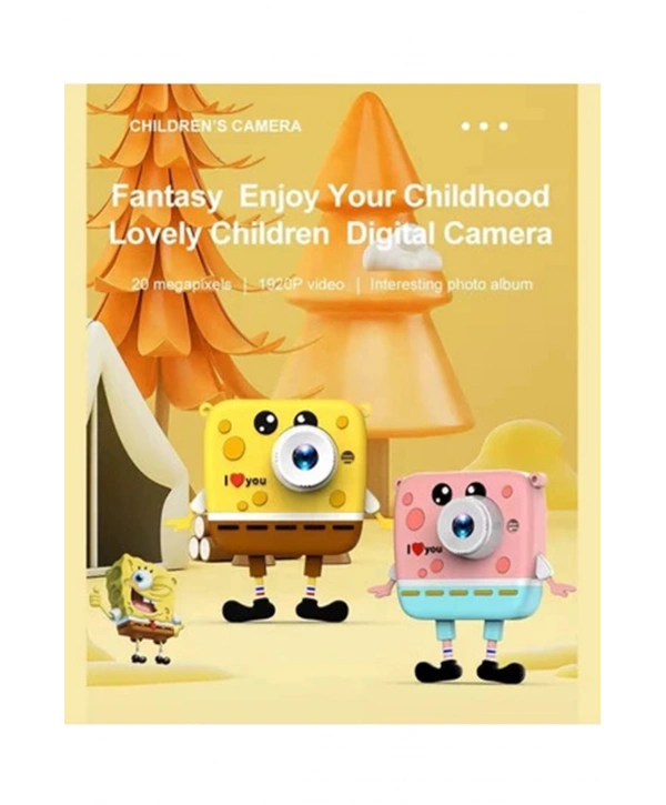 Sünger Bob Tasarımlı Yeni Nesil Çocuk Dijital Mini Fotoğraf Makinesi Çift Kamera