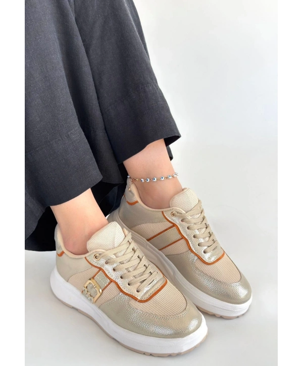 Tanwe Bej Cilt Bağcıklı Spor Ayakkabı