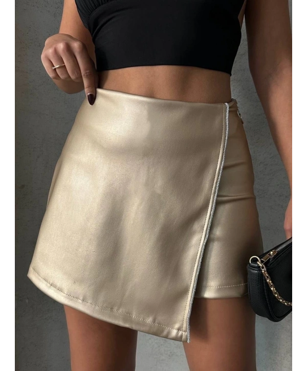 Taşlı şort etek deri gold h240018