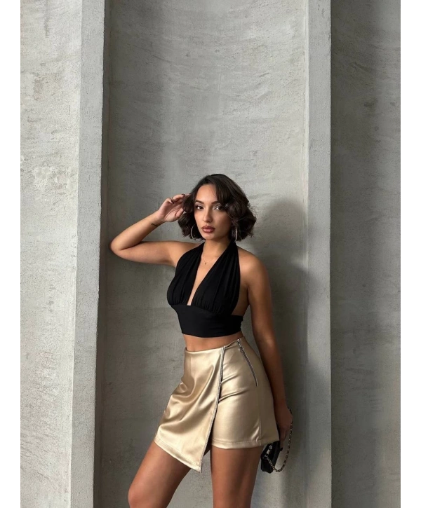 Taşlı şort etek deri gold h240018