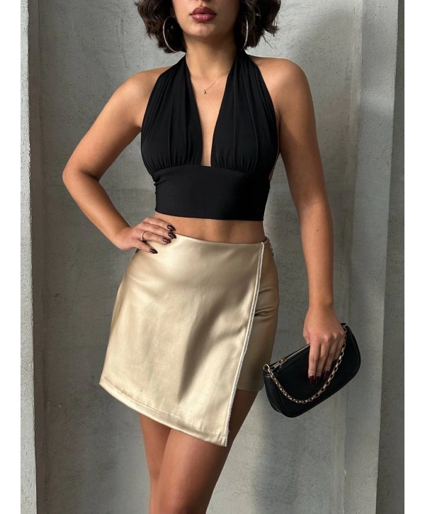 Taşlı şort etek deri gold h240018