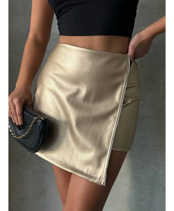 Taşlı şort etek deri gold h240018
