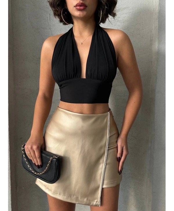 Taşlı şort etek deri gold h240018