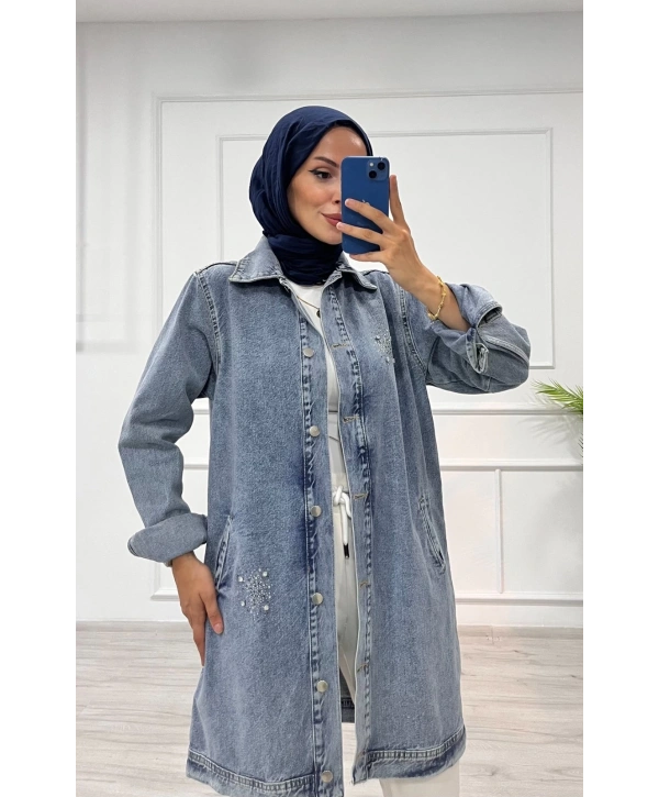 Taşlı tunik ceket kar yıkama orta mavi d2516